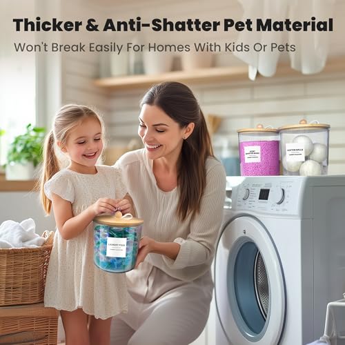 3 Pack Laundry Pods Container,Laundry Room Organization and Storage Jars,Laundry Detergent Container for Powder,Pods,Scent Booster,with Non-Slip PU Leather Pad and Handle,Bamboo Lids,Labels and Scoops - size: 3 Pack