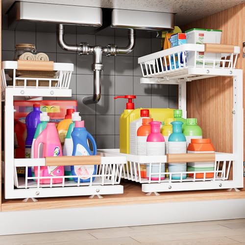 Under Sink Organizer, 2 Pack 2 Tier Under Sink Organizers and Storage, Slide Out Pull Out Cabinet Organizer Shelf, Height Adjustable Metal Drawer for Kitchen Bathroom Closet Organization Rack White - color: White