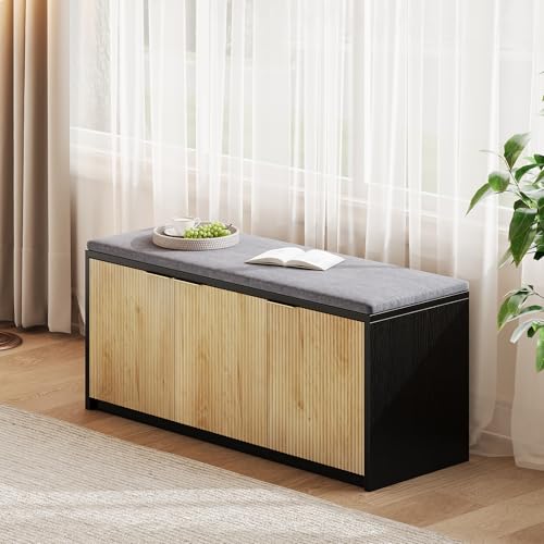 2-Tier Shoe Storage Bench with 3 Doors & Adjustable Shelf, Removable Padded Seat Cushion, 41.3" Entryway Bench for Living Room, Bedroom, Hallway – Wood Grain & Black Modern Farmhouse Design - color: Natural & Black, size: 41.3"