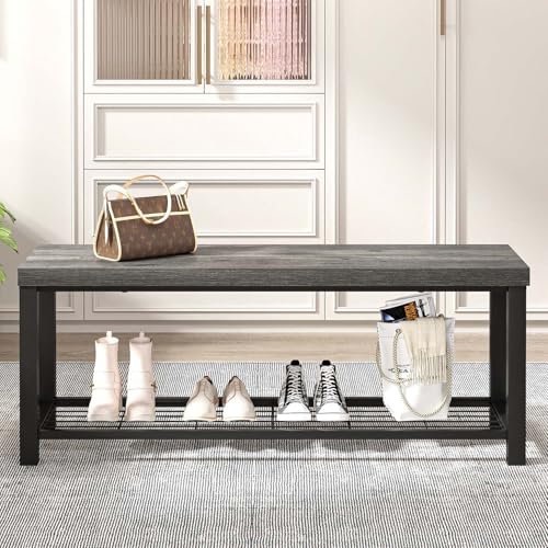 EXCEFUR Entryway Bench, Industrial Metal and Wood Storage Bench for Living Room, Indoor Shoe Rack Bench Seat, 43.3 Inch Grey - color: Grey, size: 2-Tier