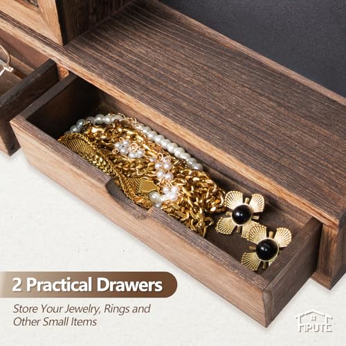 Key Holder for Wall, Key and Mail Holder for Wall with Storage Drawer, Entryway Rustic Home Decor, 3 Liquid Chalks & Chalkboard, 15.98”W x 9.1”H x 3.3”D, Brown - color: Brown