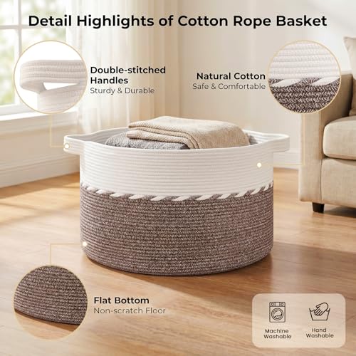 OIAHOMY 90L Blanket Basket for Living Room, Large Basket 23" x 23" x 13" with Handle, Laundry Hamper for Blankets, Pillows, Toy Storage for Kids, Dogs - Brown & White - color: Brown & White, size: 23" x 23" x 13"