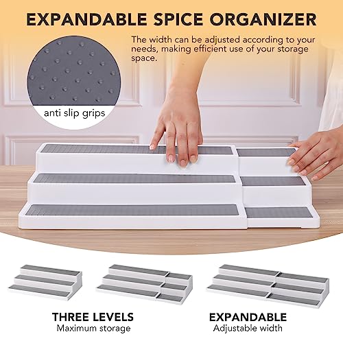 CiWiVOKi 3 Tier Expandable Spice Rack Organizer, White/Grey Plastic Spice Rack, Adjustable Length 14.6In-25.8In, 2 Pack Non-Skid Tiered Spice Shelf Organizer for Kitchen Cabinet, Cupboard, Pantry - color: White/Gray(Pack of 2), size: 14.6"-25.8"