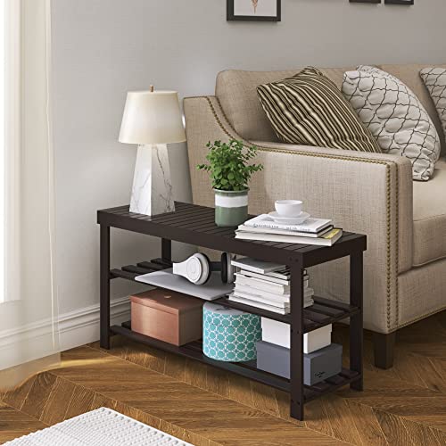 SMIBUY Sturdy Bamboo Shoe Rack Bench, 3-Tier Shoe Organizer, Storage Shelf for Entryway Hallway Bathroom Living Room (Dark Brown) - color: Dark Brown
