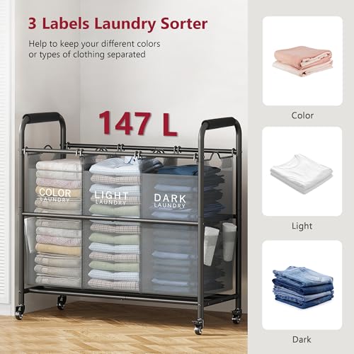 Tajsoon 3 Bag Laundry Sorter Cart, Laundry Hamper Sorter Basket with Heavy Duty Lockable Rolling Wheels for Clothes Storage, Black - color: Black, size: 3 Bag