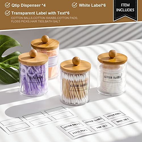 4 Pack Qtip Holder Dispenser with Bamboo Lids - 10 oz Clear Plastic Apothecary Jar Containers for Vanity Makeup Organizer Storage - Bathroom Accessories Set for Cotton Swab, Ball, Pads, Floss - size: 4 Pack of 10 oz