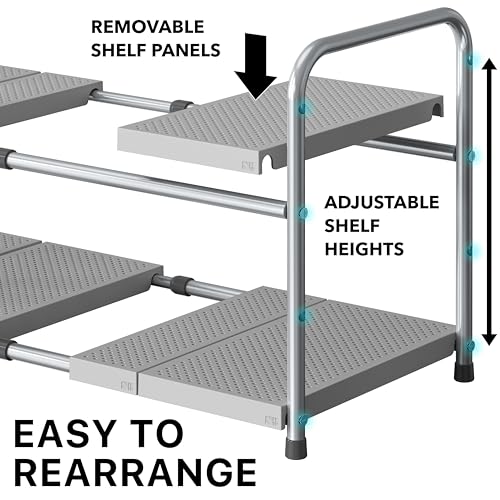Simple Houseware Under Sink 2-Tier Heavy Duty Expandable Rack Organizer, Adjustable Width 15.75–25 Inches with 4 Shelf Height Levels, Silver - color: Silver