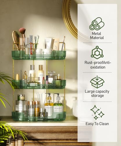 EUHOME 3-Tier Corner Bathroom Counter Organizer Makeup Cosmetic Storage, Tool-Free Installation Acrylic Vanity Shelf, Skin Care Organizer Perfume Tray for Countertop Bathroom, Dresser, Kitchen (Green) - color: Green, size: 9" x 9" x 20.5"