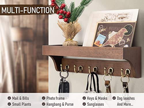 Rebee Vision Farmhouse Key Holder for Wall - Decorative Wooden Mail Organizer with 5 Rustic Key Hooks and Floating Shelf for Home Decor, Hallway, Entryway, Appartment (Retro Brown) - color: Brown