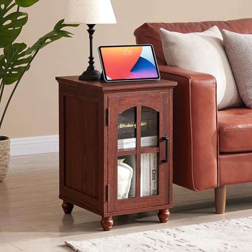Narrow Side Table Set of 2,Farmhouse Nightstand with Charging Station,End Table with Glass Barn Door Storage, Cabinet Organizer with Adjustable Shelf, Night Stand for Small Spaces Living Room Bedroom - color: Red Oak, size: Set 2