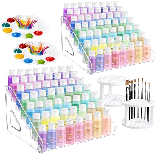 2 Pcs Clear Acrylic Paint Organizer Rack with Brush Holder, 7 Layer Acrylic Paint Tube Organizer, Snap-On Craft Organizers and Storage for Versatile Storage, No-Tools Setup & Quick Access (2 Set) - color: 2 Set
