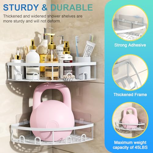 Corner Shower Caddy, 2 Pack Adhesive Bathroom Shower Corner Organizer Shelf, No Drilling Rustproof Wall Mounted Shower Storage Rack Shampoo Holder Organizer (White) - color: White