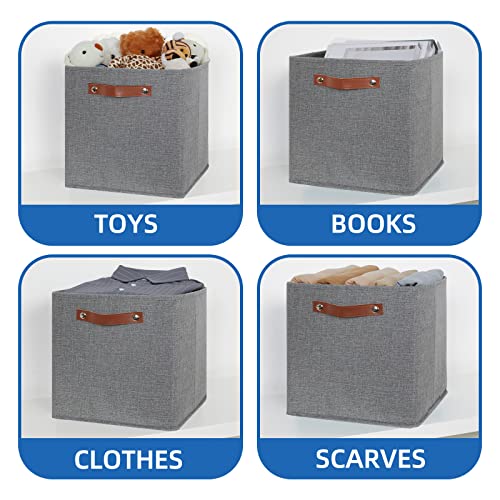Temary 12x12 Storage Cube Bins 4 Pack Fabric Storage Cubes Storage Bins with Leather Handles, Storage Baskets Foldable Cube Organizers Bins for Home (Grey) - color: Grey, size: 12×12×12