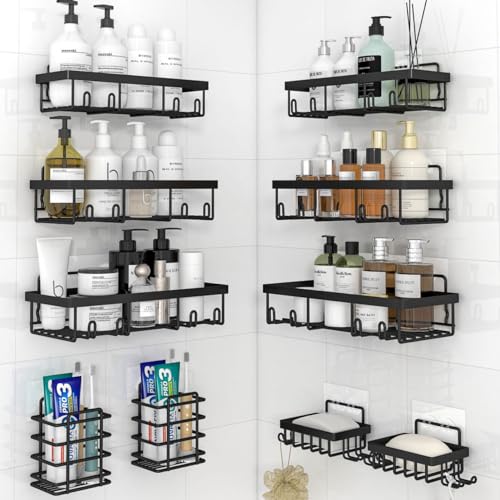 Liuoud 10 Pack Shower Caddy Organizer Rack Shelf for Inside Shower, Self Adhesive Wall Storage Basket Rustproof Stainless Steel Shampoo Holder Bathroom Accessory Decor Set, Black - color: Black