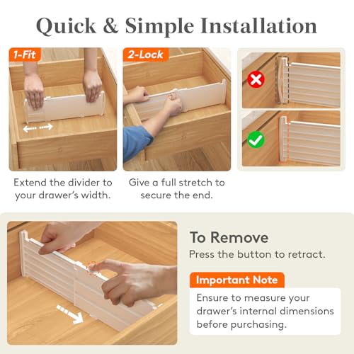 Lifewit 5" Tall 4 Pack Drawer Dividers, 30-47cm/11.5-18.5" Expandable Drawer Divider for Clothes, Adjustable Dresser Drawer Organizers, Drawers Separators for Dresser/Bathroom/Closet/Kitchen White - size: 5"H, 11.5-18.5"L