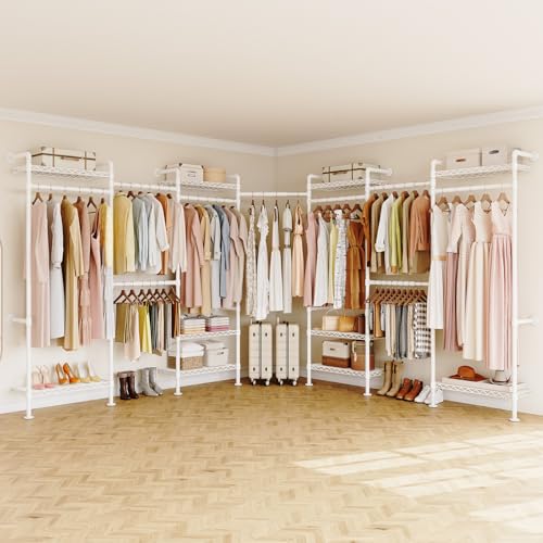ONBRILL L7 Wall Mounted Industrial Pipe Clothing Rack – Heavy Duty Modular Closet System with 9 Hanging Rods ( 6 Expandable) & 10 Adjustable Shelves, Corner Garment Rack, Large Wardrobe - White - color: White