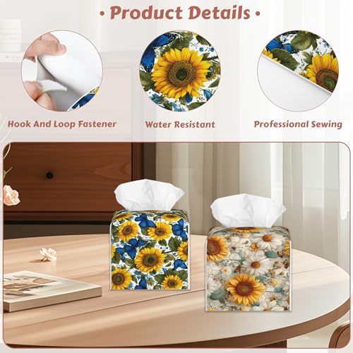Tissue Box Holder - Sunflowers Butterfly Tissue Box Cover, Leather Square Paper Facial Decorative Tissues Cover for Bathroom Home Car Nightstand Vanity Desk, 2 Pcs - color: Sunflowers Butterfly