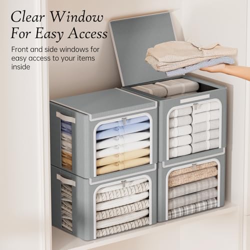 Yecaye Clothes Storage Bins with Metal Frame, Foldable Clothing Storage Bin with Lid, Stackable Oxford Fabric Organizer Box With Clear Window & Zippers & PU Leather Handles (4 Pack,Grey,40L) - color: Grey, size: Medium(4 Pack)