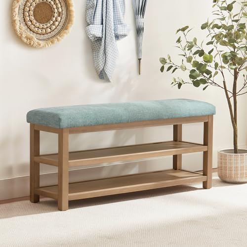 Zihanhome Shoe Rack Bench with Cushion, 2 Tier Solid Wood Storage Bench, Mid-Century Modern Shoe Bench for Entryway, Hallway, Closet, Front Door Entrance, Foyer (Teal, 46.5") - color: Teal, size: 46.5"
