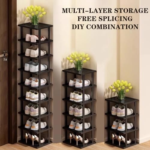 Vertical Shoe Rack - Tall Narrow Shoe Rack Organizer for Small Spaces,7 Tier Bamboo Shoen Shelf for Entryway,Closet,Corner,Doorway,Skinny Shoe Shelf Space Saving Shoe Storage,Free Stackable DIY - color: Black, size: 7-tier