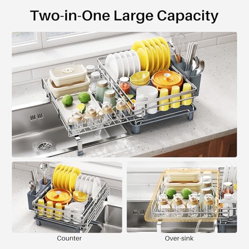 SNTD Dish Drying Rack - Extendable Dish Rack, Large Sink Drying Dish Drainer for Kitchen Counter, Stainless Steel Dish Strainer with Utensil Holder (Silver) - color: Silver