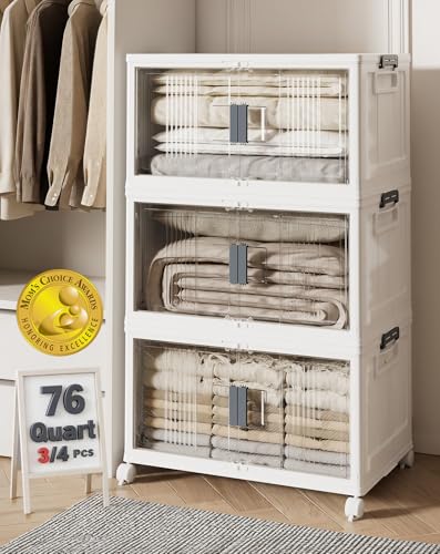 OlarHike 76QT Lockable Storage Bins with Lids - Folding Storage box with Doors and Wheels, Collapsible Plastic Bins for Closets, Office, Stackable Organizer and Containers, Gifts, 3 Pack Cubes - size: 76QT-White, style: 3Pack