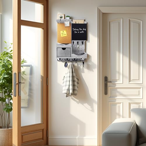 Key Holder Wall Mount， Mail Organizer Key Holder for Wall with Shelf, Drawer, Chalkboard, Corkboard, Home Decor Wall Mounted for Room Entryway(Grey) - color: Gray, size: Vertical