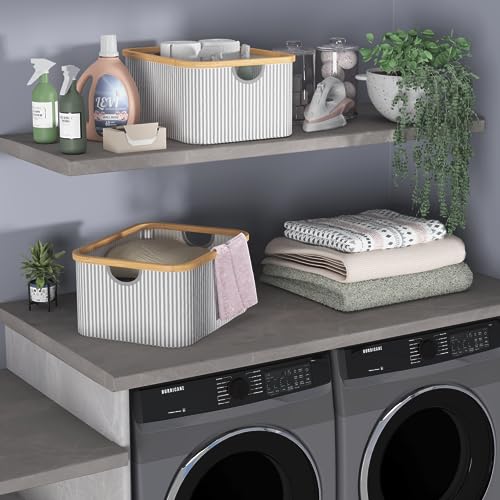 ClosetMaid Laundry Hamper Storage Baskets, Bamboo Frame, Portable, Collapsible Design, Freestanding, Stripe (2-Pack)