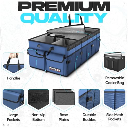 FORTEM Trunk Organizer with Cooler For SUV Car Trunk, Foldable Storage, Car Accessories for Women Men, Collapsible Bag, Perfect Christmas Gifts, 600D Oxford, Non Slip Bottom, Straps, Soft Cover (105L) - color: Blue, size: XXL (105L)