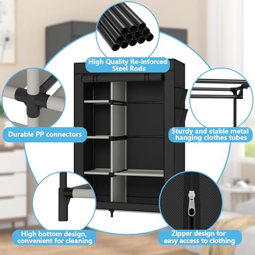Calmootey Portable Closet Organizers, Clothing Storage, Wardrobe with 6 Shelves and Hanging Rod, Non-Woven Fabric Cover with 4 Side Pockets, Black - color: Black