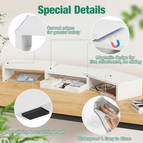OPNICE Desk Organizer, Dual Computer Monitor Stand Riser with Drawer, Office Desk Accessories & Workspace Organizers, White - color: White