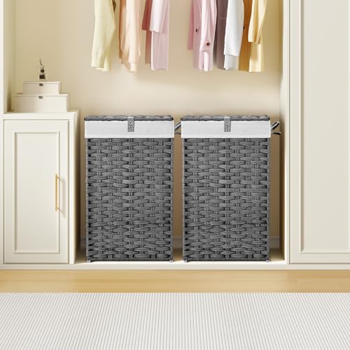 Greenstell Laundry Hamper with Lid, 60L Clothes Hamper with 2 Removable Liner Bags & 2 Mesh Laundry Bags, Handwoven Synthetic Rattan Laundry Basket for Clothes, Toys in Bathroom, Bedroom Grey - color: Gray, size: 60L (13.4 x 13.4 x 21.7 inches)