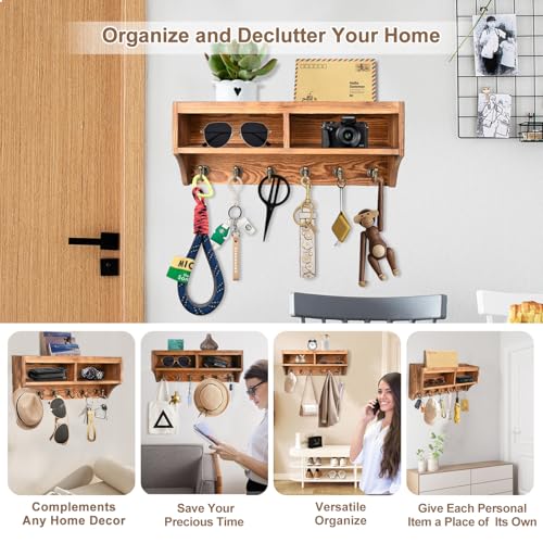 Key Holder Wall Mount - Mail Organizer Wall Mount with 6 Key Hooks and Storage Box for Sunglasses Storage and Dog Leash Holder Home Decor Rack Apartment Essentials Farmhouse Shelf Entryway Organizer - color: Brown
