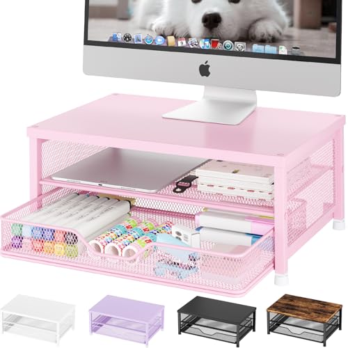 OPNICE Computer Monitor Stand Riser, Desk Organizer with Drawer, Printer & Laptop Stand, Office Desk Accessories & Workspace Desktop Organizers Storage for Office Supplies(Pink) - color: Pink