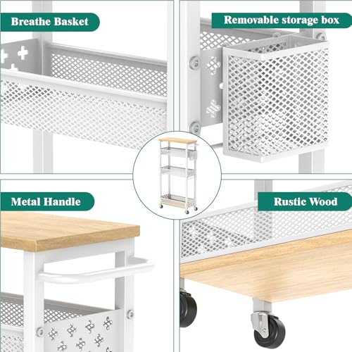 Slim Storage Cart 4 Tier Laundry Cart with Wheels, Narrow Metal Kitchen Rolling Carts Bathroom Organizers Storage Shelf with Wood Rack and Handle for Small Space - color: White