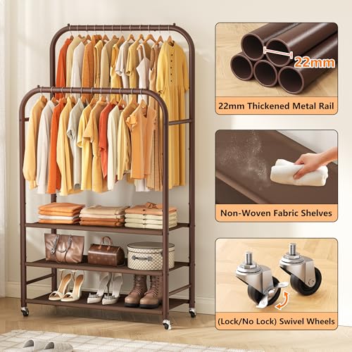 HOMIDEC Double Rods Clothes Rack Clothing Rack with 3 Tier Storage Shelves Clothes Rack for Hanging Clothes Multifunctional Heavy Duty Clothes Organizer for Bedroom,Wardrobe Closet,Shop,Brown - color: Brown