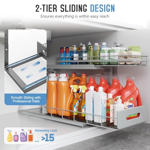 Under Sink Organizer Upgrade To Professional Rails,2-Tier Dual Pull Out Cabinet Storage,Height Adjustable Slide Out Drawers For Bathroom Kitchen,1 Pack-21"Dx12.8"-16.9"H,Gun Gray - color: Gun Gray, size: 1 Pack-21"Dx12.8"-16.9"H