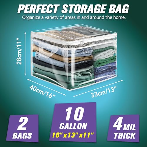 HIBAG 10 Gallon Large Storage Bag for Clothes, Zipper Clothing Storage Bag, Clear Organizer with Reinforced Handles, for Closet and Underbed Storage (2 Pack) - size: 10 gal Clear - 2 pack