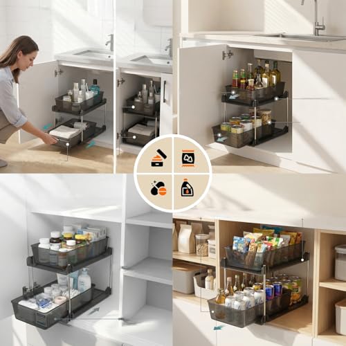 2 Pack Bathroom Organizer,2 Tier Clear Under Sink Organizers Vanity Countertop Storage Container,Cabinet Drawers Bins, Pull-Out Organization with Track for Pantry, Kitchen - color: Black, size: 2 Pack