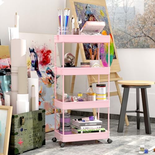 SPACEKEEPER Storage Cart 4-Tier, Bathroom Rolling Cart Utility Storage Organizer Shelf Mobile Shelving Unit for Kitchen Living Room Bathroom Laundry Room & Dressers, Pink - color: Pink, size: 4 Tier