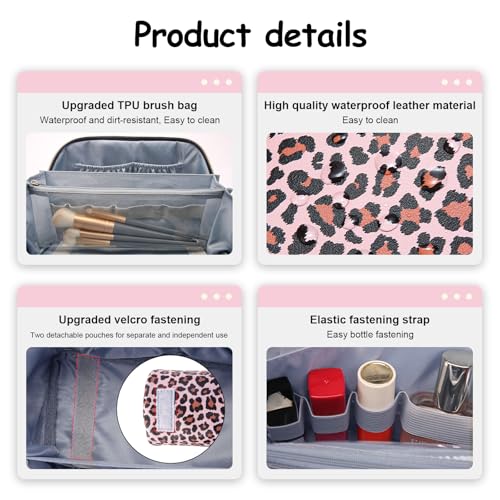 Travel Makeup Bags Organizer for Women: 3 Pcs Set Cosmetic Bag - Large Make up Bag with Compartments - Flat Open Waterproof Leather Toiletry Bags for Skincare, Brushes & Travel Essentials - Pink - color: 03-Pink