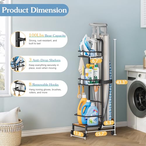 Ironing Board Hanger,Iron and Ironing Board Holder No Wall Mount,Laundry Room Organization and Storage Cart with Iron Stand,Narrow Laundry Shelves Organizer Cabinet,Laundry Room Essentials Accessories - color: Black & Rustic Brown