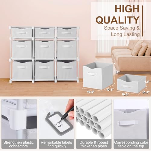 9 Cube Storage Organizer Shelf with Storage Bins and Label, 11 Inch Toy Cube Bins Clothes Closet Organizers Drawers Fabric Dresser for Living Room, Bedroom, Playroom, Dorm(White) - color: White