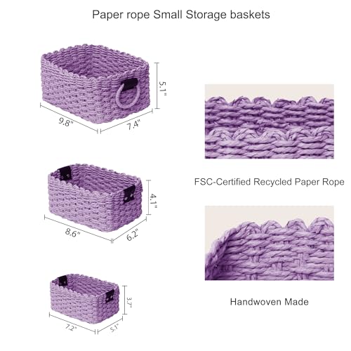 Small baskets for Organizing,Cute woven Storage basket with recycled paper rope for Shelves Bathroom,Little decorative basket,Set of 3 (Purple) - color: Purple