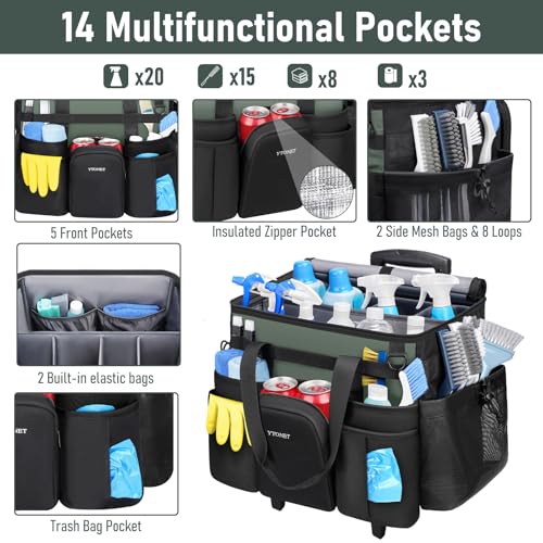 Ytonet Cleaning Caddy with Wheels, Extra Large Rolling Cleaning Caddy Bag with Detachable Trolley for Housekeepers, Water Resistant Cleaner Supplies Organizer with Wheels for Kitchen, Tool Organizer - color: Black Green, size: X-Large