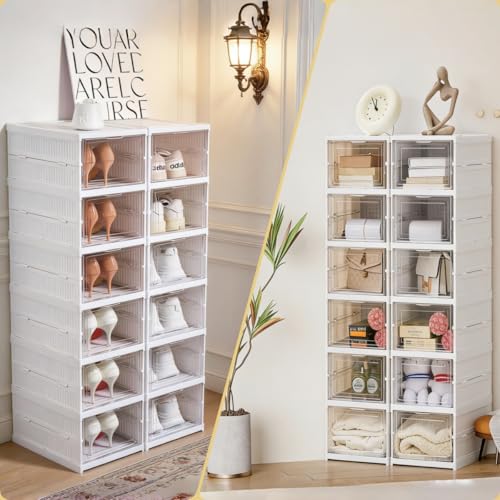 ZLLZUU Shoe Storage Box, No-Assembly 6 Tiers Foldable Shoe Organizer with Clear Door, Space-saving Shoe Rack，Sturdy Clear Plastic Stackable Sneaker Container - color: 6Tiers