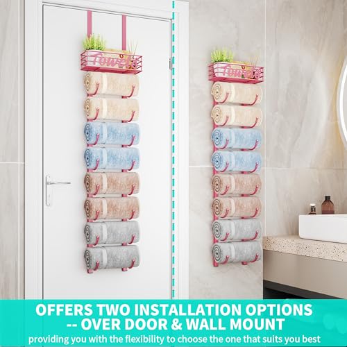 HapiRm Towel Racks for Bathroom Storage - 9 Tier Over The Door & Wall Mount Rolled Towel Storage Organizer Holder with Metal Shelf Basket for Small Bathroom, Camper, Rv - Pink, Patented - color: Pink, size: 9-Tier