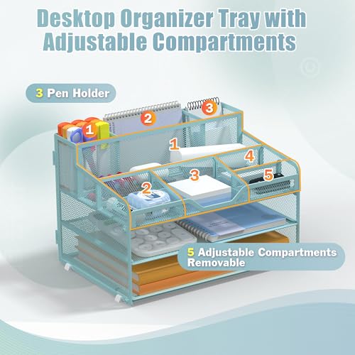 Docnest 3 Tier Mesh Desk Organizer for Paper Office Supplies – Multi-Functional Letter Tray with 5 Adjustable Compartments, 3 Pen Holders, Desktop Storage for Files, Mail, Stationery – Blue - color: Blue, size: 12.7" x 9.1" x 8.6"