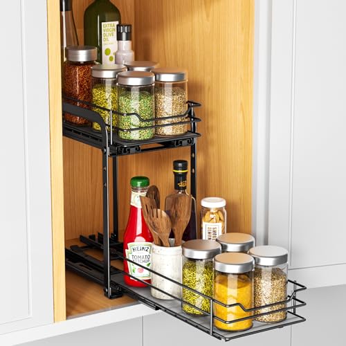 RCHYFEED Spice Organization for Cabinet, 2 Tier Pull Out Spice Rack for Seasoning Organizer, Height Adjustable Heavy Duty Metal Basket for Inside Cabinets & Pantry Closet(5.5" Wx10.5 Dx9.5 H) - size: 2 Tier-5.5''Wx10.5''Dx9.5''H
