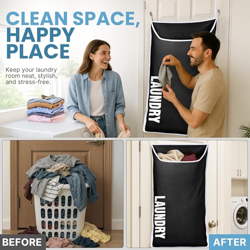 Hanging Laundry Hamper Bag XL 40x22", Space Saving over the Door Storage Bags, Behind the Door Hampers for Dirty Clothes & Wall Mounted Basket for Bathroom, Organizer for Small Room Spaces RV - color: Black, size: 1-Pack